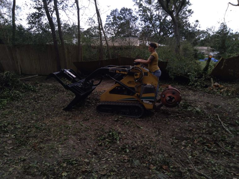 Compact track loader moving brush and debris out of a back yard.